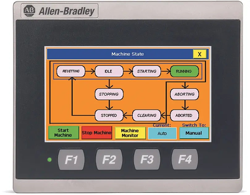 Allen-Bradley HMI screen showing machine state transitions such as running, stopping, aborting.