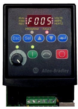 Allen-Bradley drive panel showing fault code F005 on LED display.