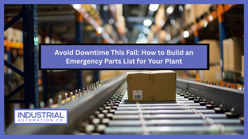 Warehouse conveyor with box and blog title: Avoid Downtime This Fall – How to Build an Emergency Parts List for Your Plant.