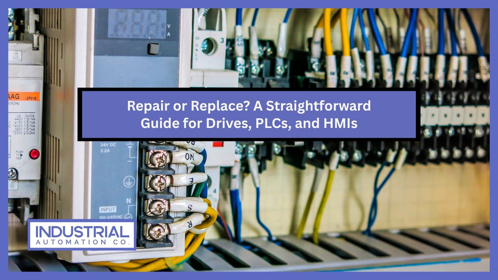 Industrial control panel with connected wires and terminal blocks, illustrating repair and replacement decisions for drives, PLCs, and HMIs – blog title overlay and Industrial Automation Co. branding.